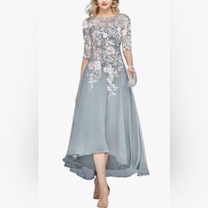 Elegant High-Low Lace Appliqué Dress in Dusty Blue